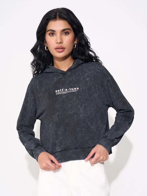 People By Pantaloons Jet Black Regular Fit Printed Hoodie