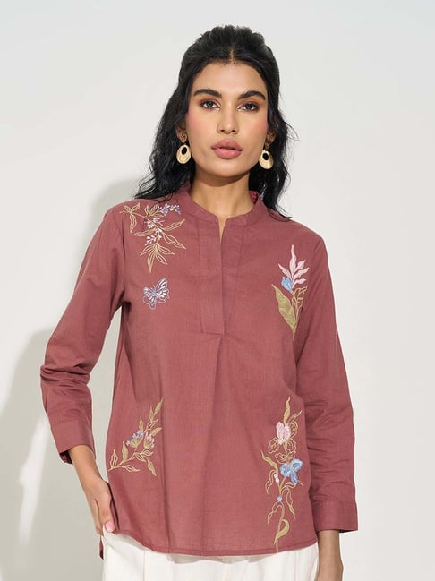 Akkriti By Pantaloons Brown Regular Fit Embroidered Tunic