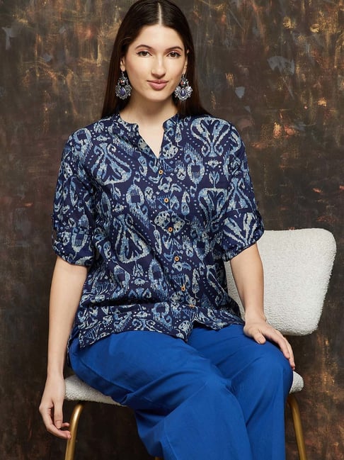 Melange By Lifestyle Indigo Cotton Regular Fit Printed Kurti-picture-38