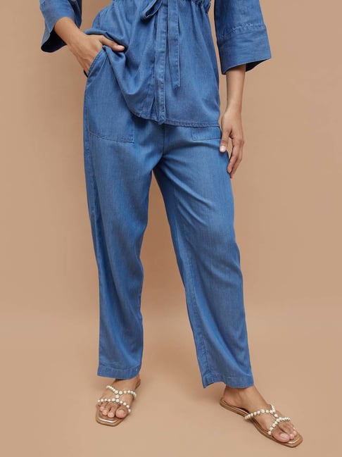 Fame Forever By Lifestyle Mid Blue Cotton Regular Fit Trousers-picture-28