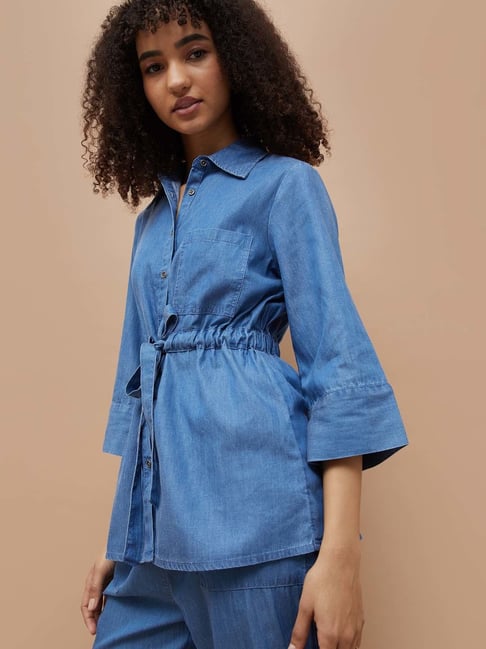 Fame Forever By Lifestyle Mid Blue Cotton Regular Fit Top