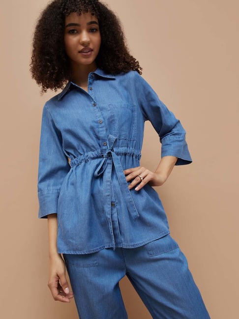 Fame Forever By Lifestyle Mid Blue Cotton Regular Fit Top-picture-26