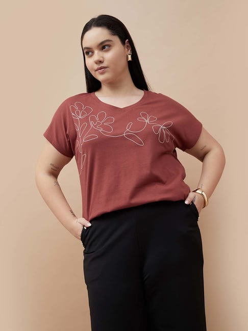 Nexus By Lifestyle Medium Red Cotton Regular Fit Printed Plus Size T-Shirt