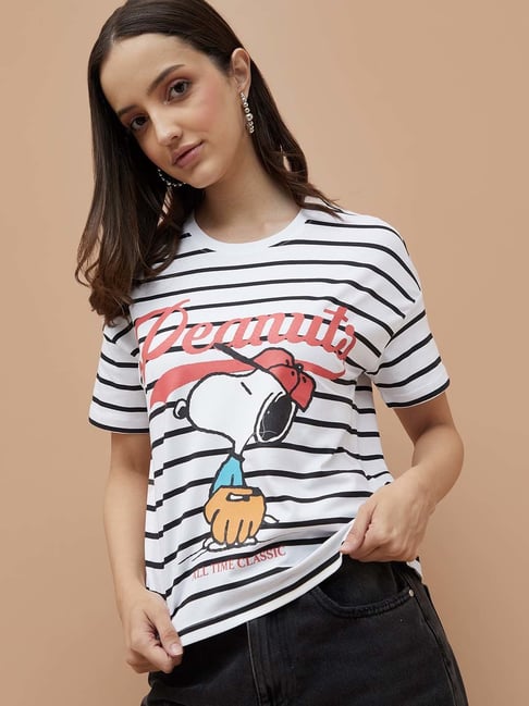 Ginger By Lifestyle White Cotton Regular Fit Striped T-Shirt