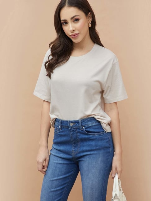 Fame Forever By Lifestyle Off White Cotton Regular Fit T-Shirt