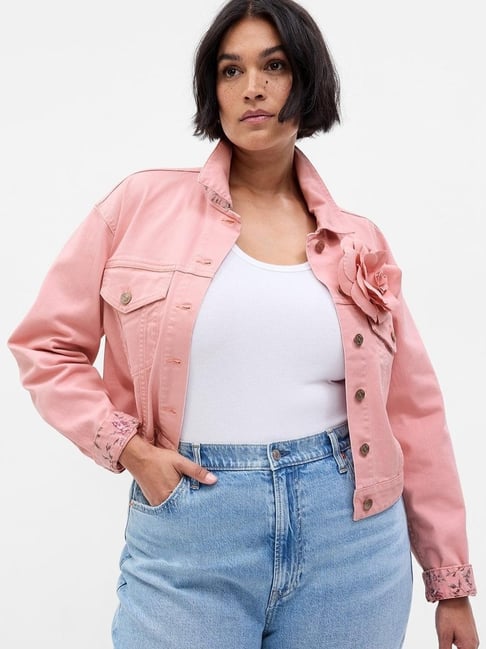 GAP Pink Relaxed Fit Solid Denim Jacket