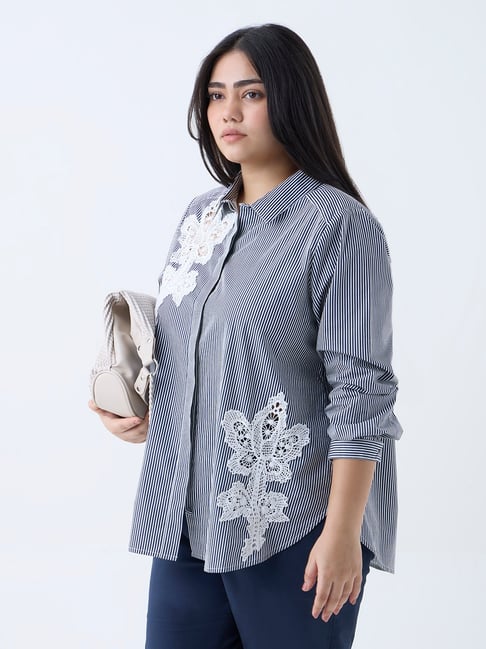 Gia by Westside Navy Striped Design Cotton Shirt-picture-11