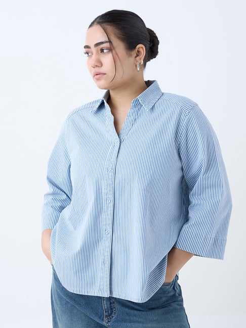 Gia by Westside Blue Striped Cotton-Blend Shirt-picture-38