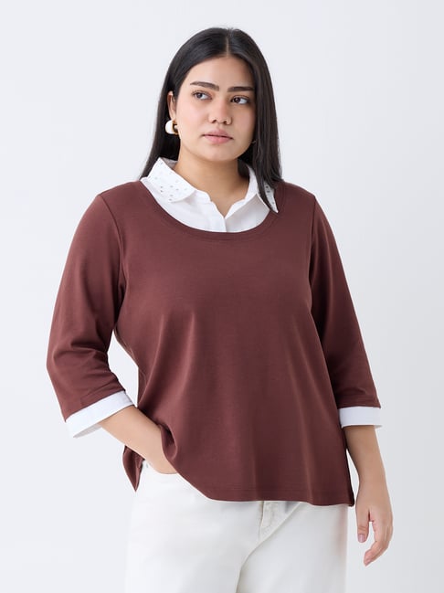 Gia by Westside Brown Solid Cotton T-Shirt