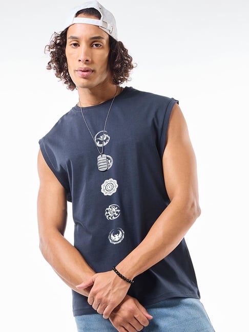 Bewakoof Navy Blue Cotton Graphic Print Vest