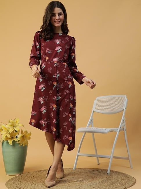 Oxolloxo Maroon Regular Fit Floral Dress-picture-18