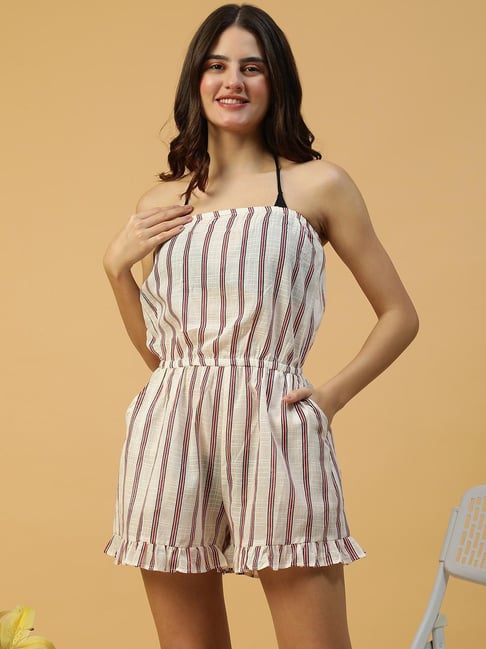 Oxolloxo White Regular Fit Striped Playsuit