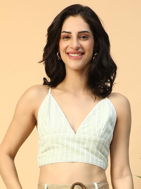Oxolloxo Light Green Regular Fit Striped Crop Top
