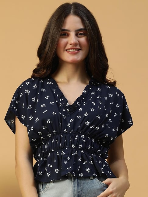 Oxolloxo Blue Regular Fit Floral Top