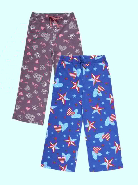 Kiddopanti Girls Mauve & Royal Blue Cotton Regular Fit Printed Pyjamas - Pack of 2
