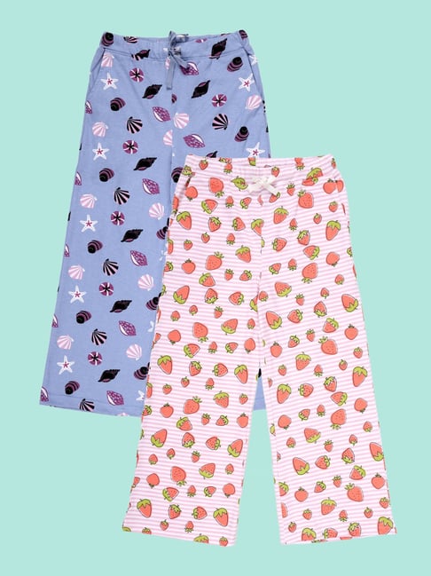 Kiddopanti Girls Dust Blue & White Cotton Regular Fit Printed Pyjamas - Pack of 2