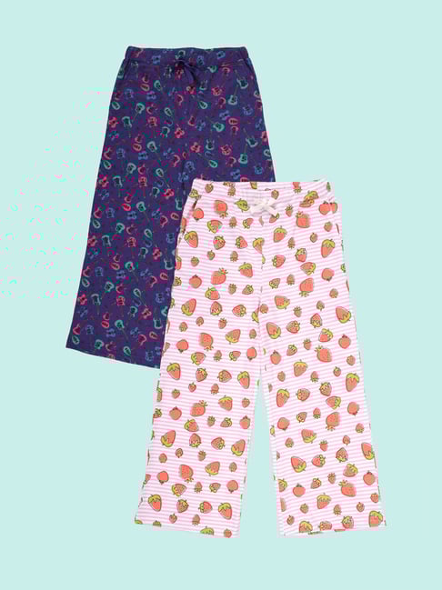 Kiddopanti Girls White & Dark Purple Cotton Regular Fit Printed Pyjamas - Pack of 2