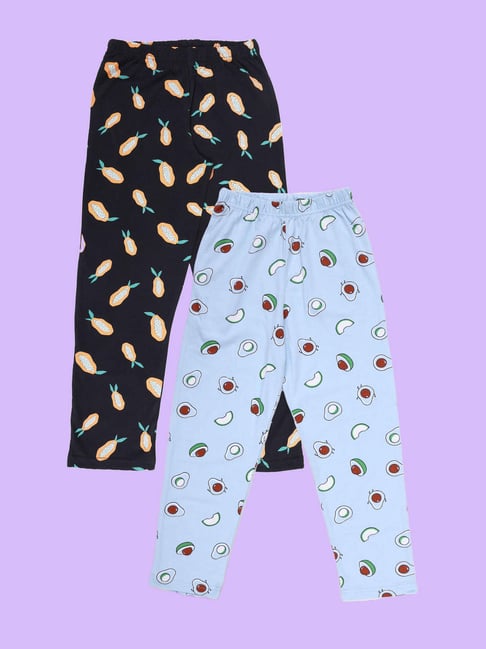 Kiddopanti Boys Sky Blue & Black Cotton Regular Fit Printed Pyjamas - Pack of 2