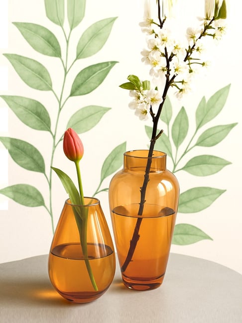Amber Gold Glass Flower Vases for Plants Living - Set of 2