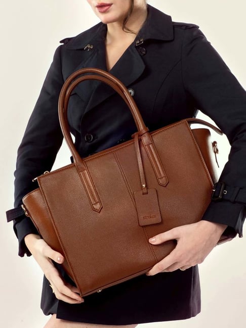 Strokes by Namrata Mehta Mocha Elegance Textured Medium Leather Tote-picture-31