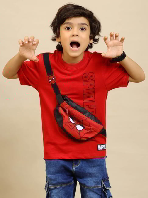 Kidsville Boys Red Spiderman Print Regular Fit T-Shirt With Pouch Bag