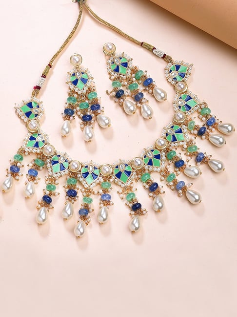 Karatcart Royal Look Gold-Plated Blue And Lime Green Meena Choker Necklace Set for Women-picture-36