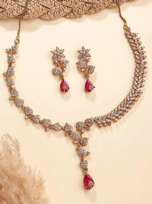 Karatcart Designer Gold-Plated Leaf Design Red Stone American Diamond Jewellery Set for Women-picture-41