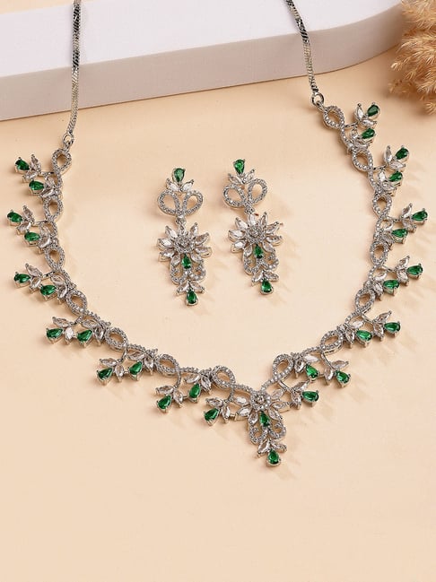 Karatcart Designer Silver-Plated Floral Vine Green American Diamond Jewellery Set for Women