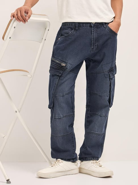 The Bear House Mid Blue Cotton Straight Fit Casual Jeans