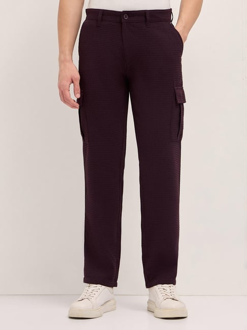 The Bear House Maroon Straight Fit Casual Cargos