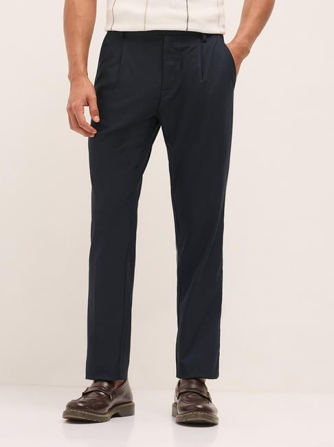 The Bear House Blue Textured Regular Fit Trousers