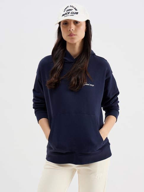 Gant Evening Blue Relaxed Fit Solid Long Sleeves Sweatshirt
