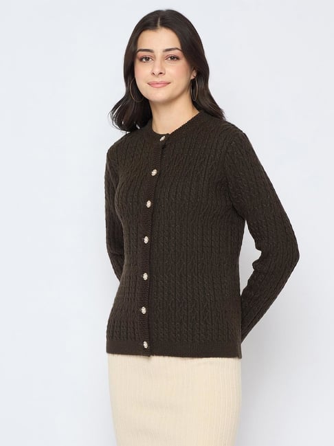 MADAME Cable Knit Glossy Buttoned Olive Green Cardigan for Women-picture-14