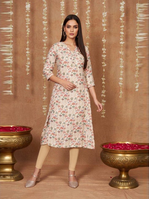 W Beige Straight Fit Floral Print Kurta-picture-16