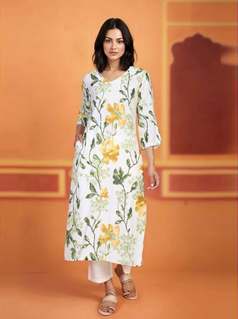 W White Regular Fit Floral Print Kurta-picture-10