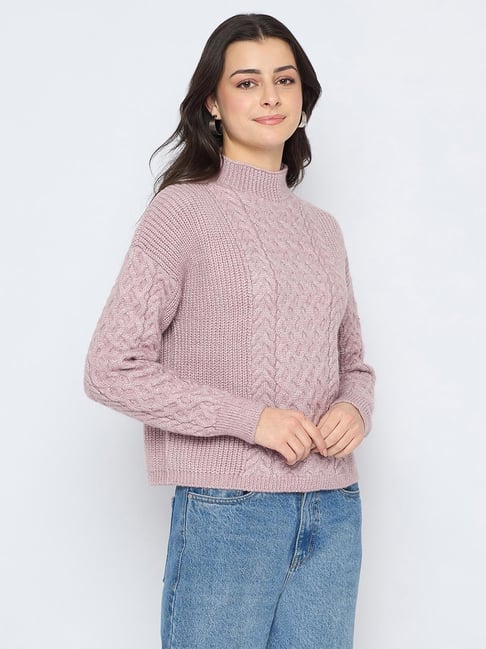 MADAME Cable Knit High Neck Mauve Sweater for Women