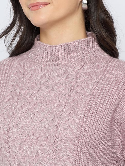 MADAME Cable Knit High Neck Mauve Sweater for Women