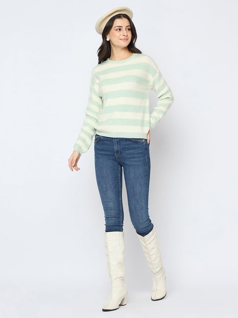 Madame Striped Round Neck Sea Green Sweater-picture-18