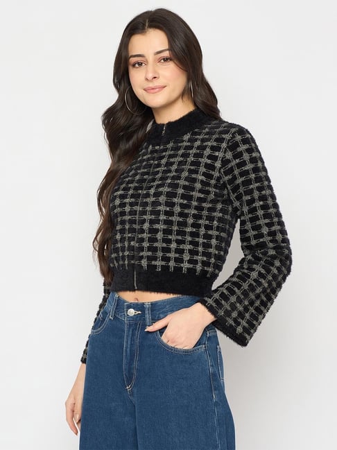 MADAME Self Design Zipped Black Crop Sweater