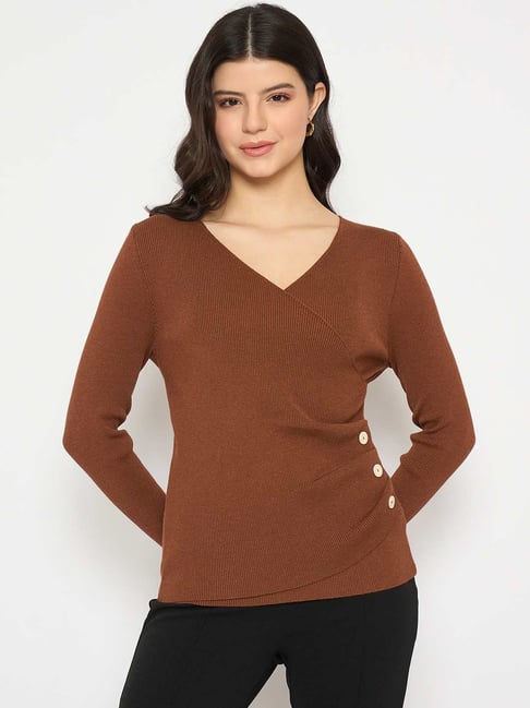Madame Brown Side Ruched Surplice Neck Tan Sweater-picture-44