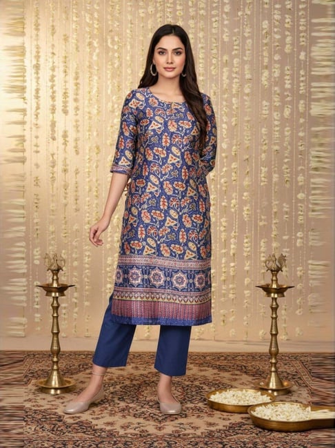 Aurelia Blue Satin Straight Fit Floral Print Kurta-picture-37