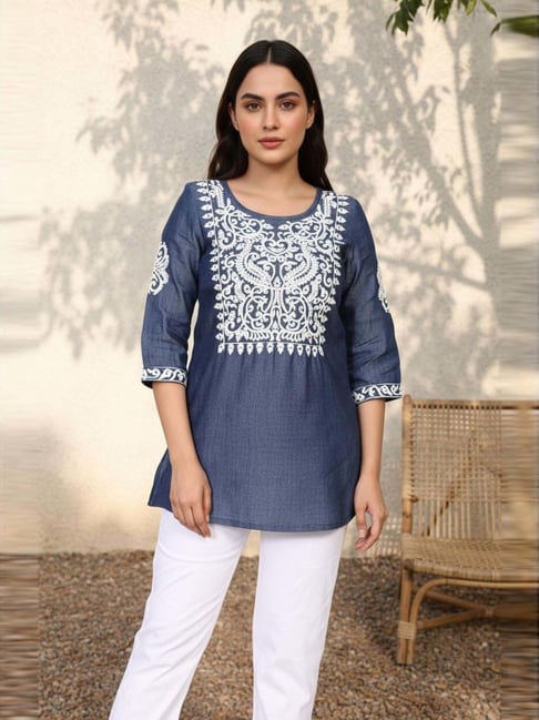 Aurelia Blue Regular Fit Embroidered Kurti-picture-11