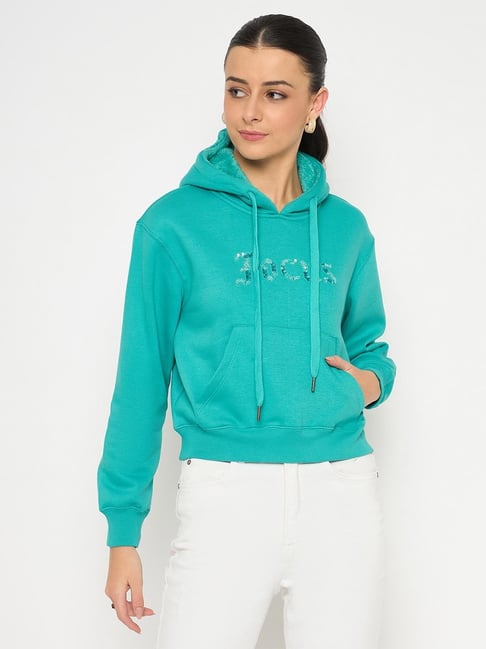 MADAME Fleece Placement Printed Handwork Detailed Turquoise Sweatshirt for Women-picture-10