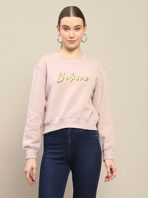 MADAME Light Pink Regular Fit Pullover Sweatshirt