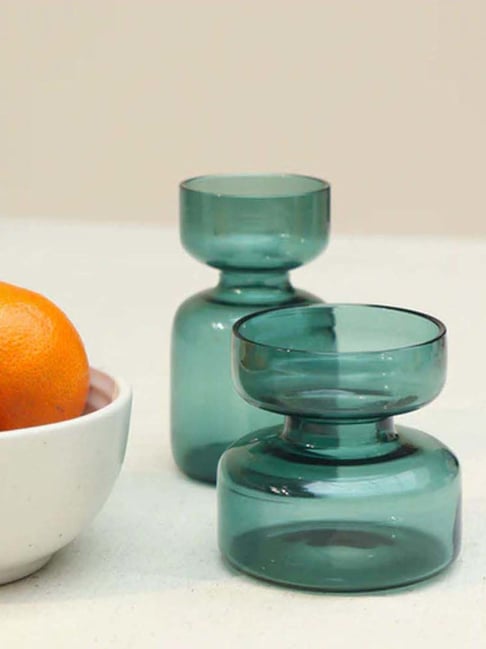 Muun Home Teal Glass Gift Set 2 Vase with Dried Flower