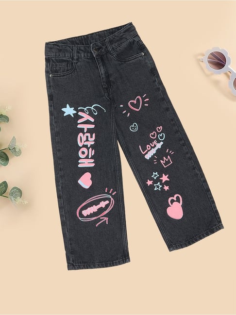 Pantaloons Junior Girls Jet Black Printed Jeans