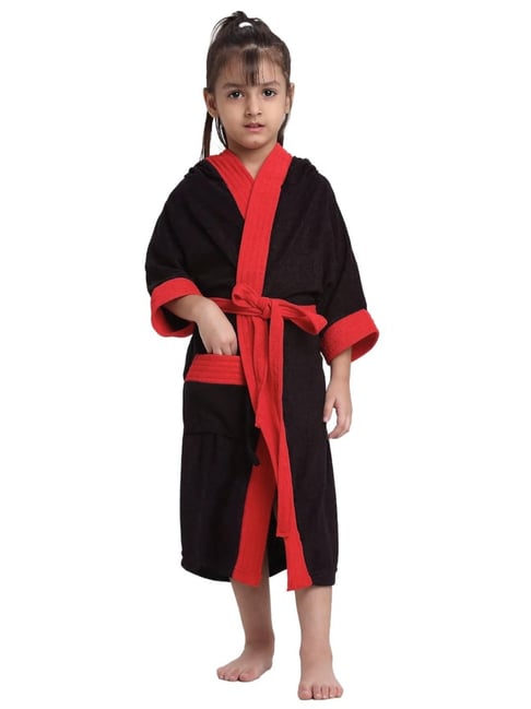 Creeva Black & Red Micro Terry Melodious Hooded Kids Bathrobe (8-9 Y)