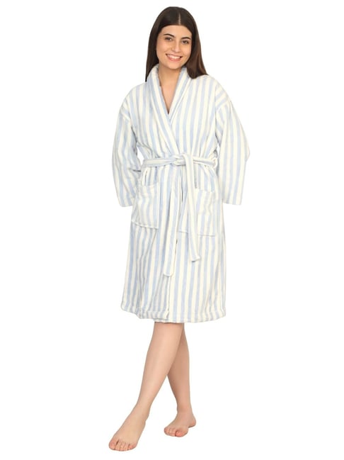Creeva White & Light Blue Cotton Classic Bathrobe (Small)