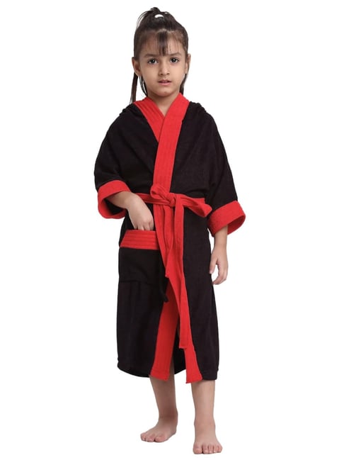 Creeva Black & Red Micro Terry Melodious Hooded Kids Bathrobe (10-11 Y)