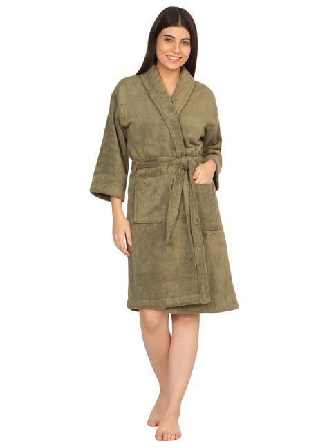 Creeva Olive Green Cotton Classic Bathrobe (Medium)